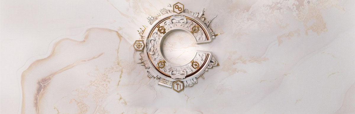 Emblème officiel de Civilization VII, un C sculpté entouré de monuments, sur un fond de marbre clair
