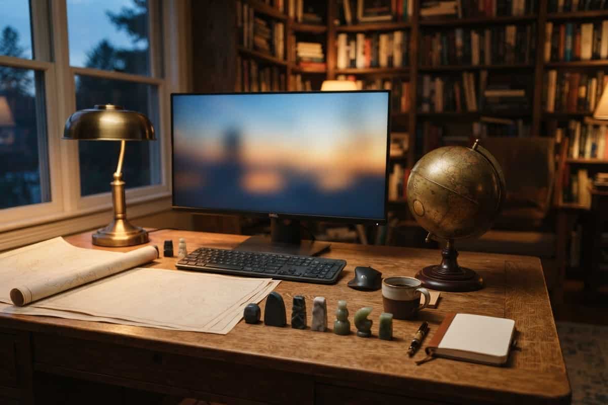 Bureau en bois au crépuscule avec écran flou, globe terrestre ancien, cartes vierges et pions de pierre