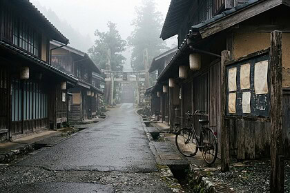 Rue déserte d'un village japonais en bois noyée dans le brouillard, torii de pierre au fond