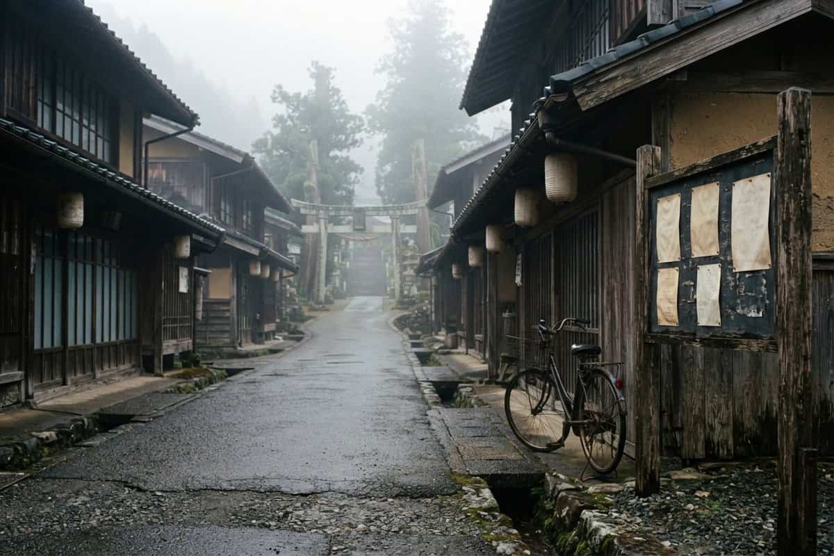 Rue déserte d'un village japonais en bois noyée dans le brouillard, torii de pierre au fond