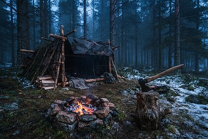 Abri de branches et de bâche dans une forêt de pins brumeuse, feu de camp allumé et hache plantée dans une souche
