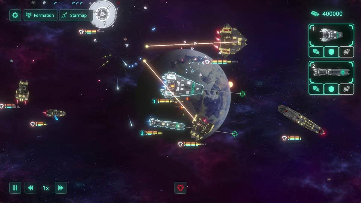 Vaisseaux en combat autour d'une planète, avec panneaux de flotte et compteur de ressources