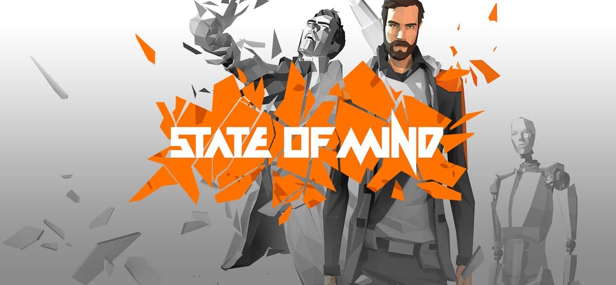 Visuel officiel de State of Mind : deux versions du héros aux formes anguleuses et un robot, éclats orange