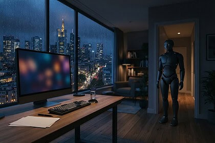 Bureau devant une baie vitrée pluvieuse la nuit, écran flou et robot humanoïde noir debout dans un couloir