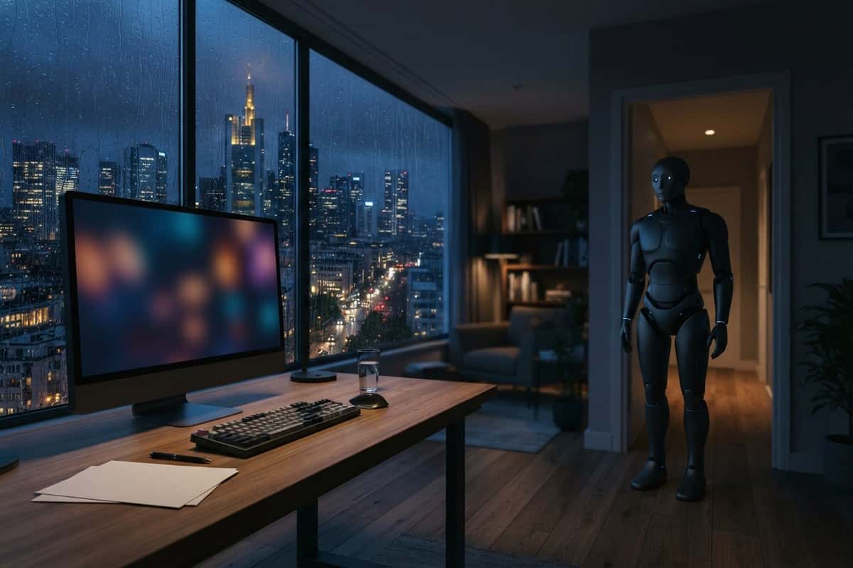 Bureau devant une baie vitrée pluvieuse la nuit, écran flou et robot humanoïde noir debout dans un couloir