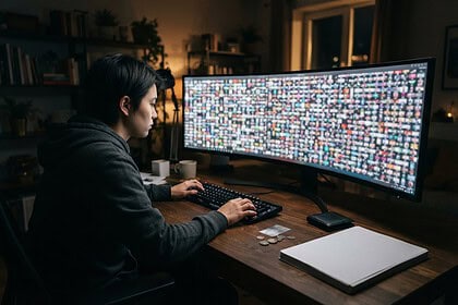 Un joueur de profil devant un écran ultralarge affichant une grille dense de milliers de vignettes de jeux, la nuit.