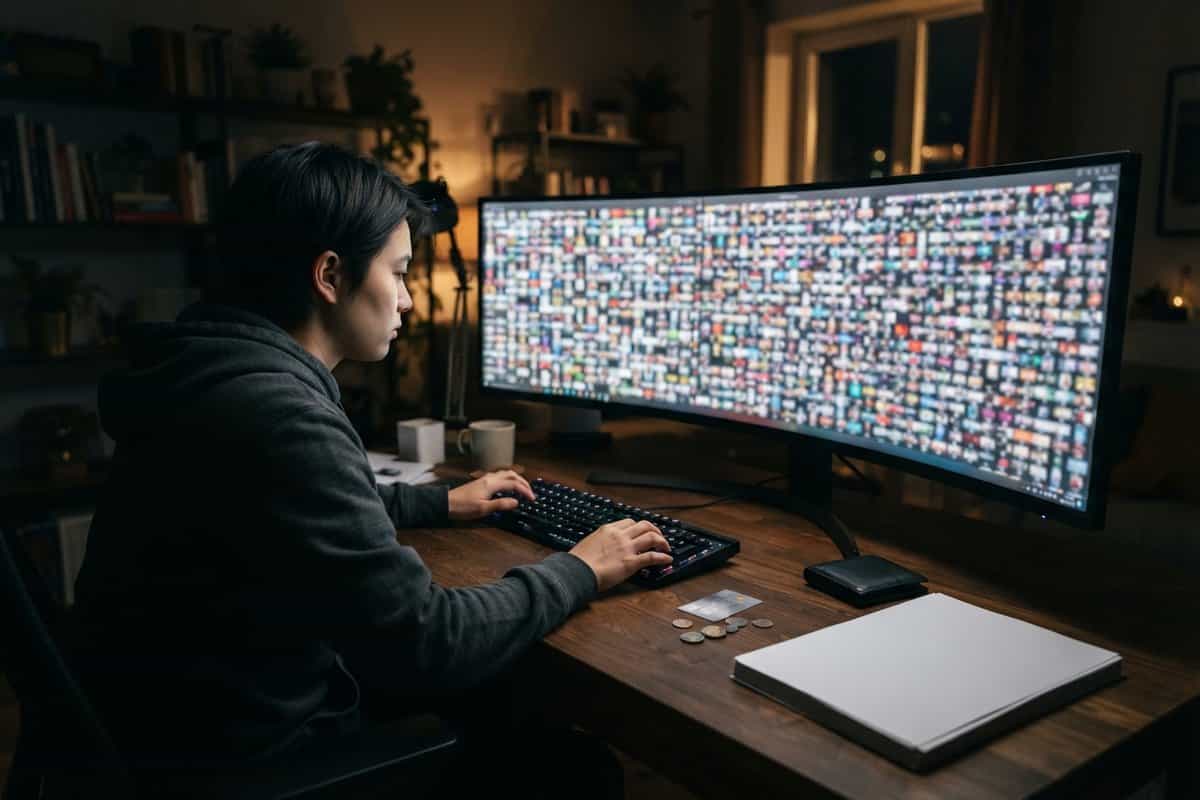 Un joueur de profil devant un écran ultralarge affichant une grille dense de milliers de vignettes de jeux, la nuit.