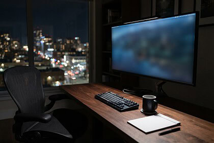 Bureau vide la nuit avec un grand écran allumé, un clavier, une tasse et un carnet fermé