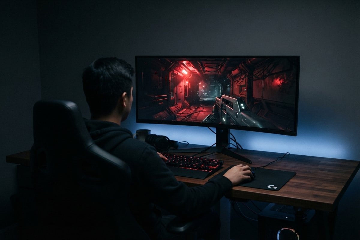 Joueur de dos devant un écran large affichant un couloir de vaisseau spatial éclairé en rouge dans un FPS.