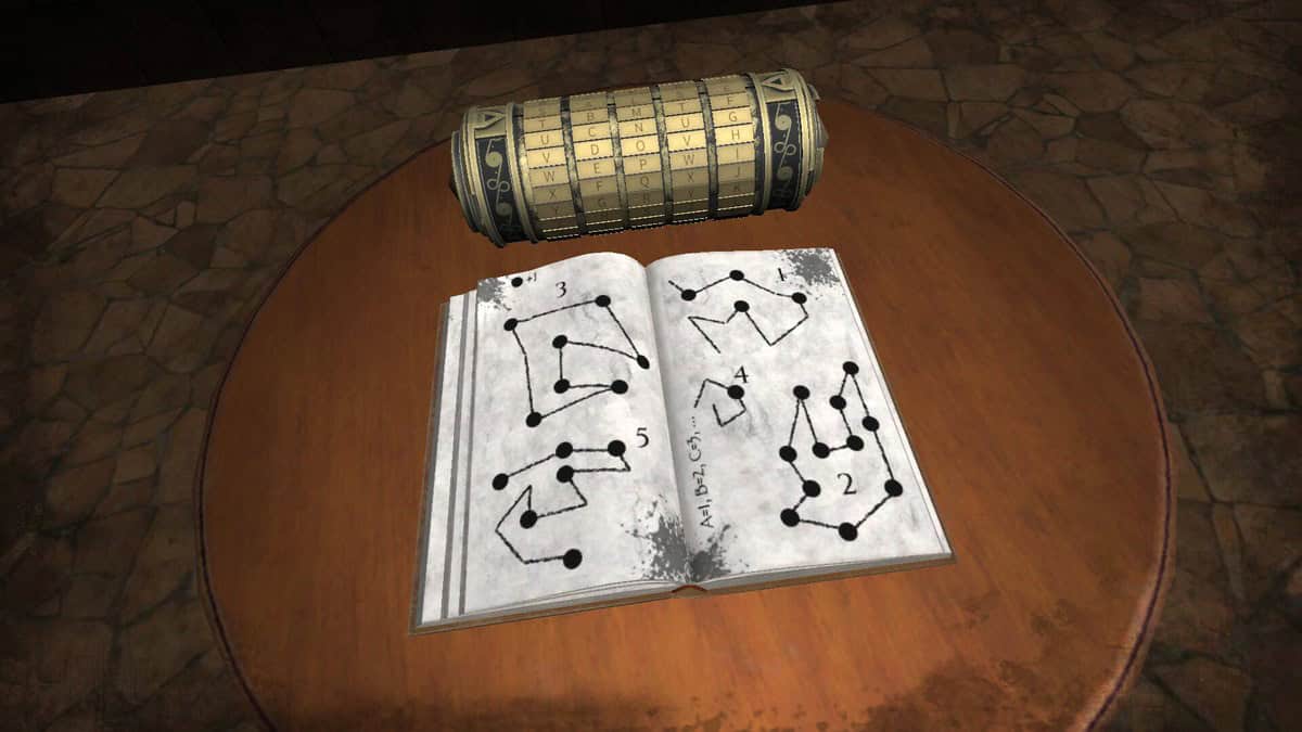 Cryptex doré au-dessus d'une table, devant un livre ouvert montrant cinq énigmes numérotées à points reliés