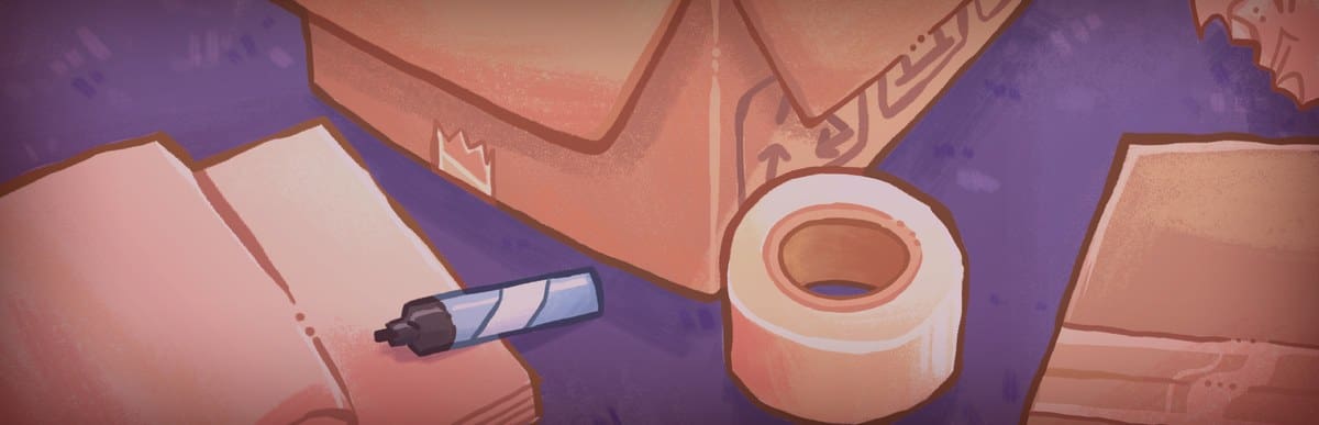 Illustration officielle d'Unpacking : cartons de déménagement, marqueur et rouleau d'adhésif vus de dessus.