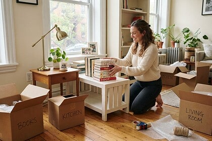 Une femme agenouillée range une pile de livres sur une étagère basse, entourée de cartons de déménagement ouverts.