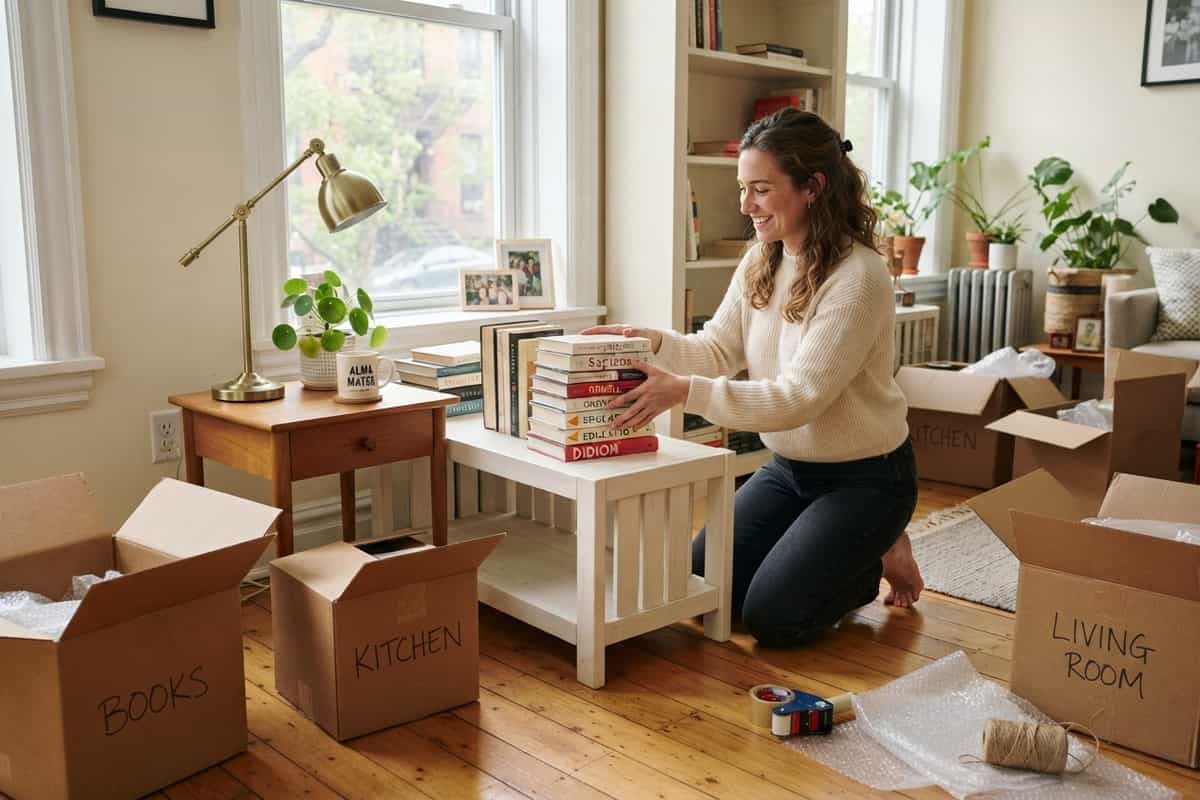 Une femme agenouillée range une pile de livres sur une étagère basse, entourée de cartons de déménagement ouverts.
