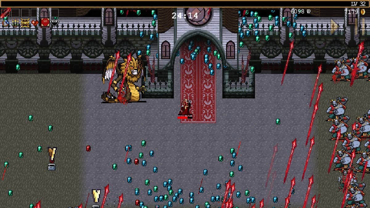 Scène de jeu pixel art de Vampire Survivors devant la porte d'un manoir, gemmes bleues et projectiles rouges