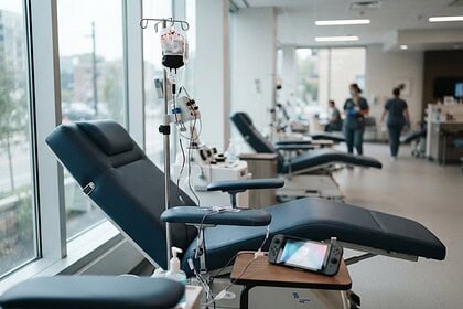 Fauteuil de don du sang vide près d'une fenêtre, poche de collecte sur pied et console portable posée sur la tablette