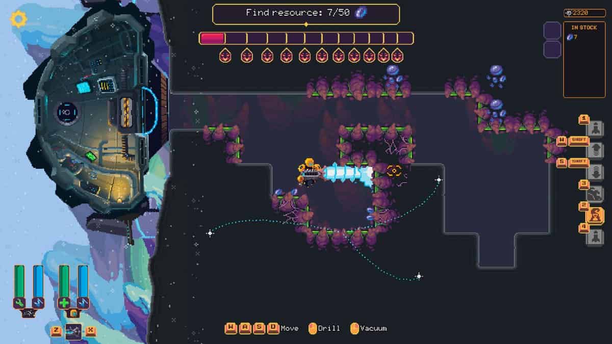 Capture pixel art de Wall World 2 : une foreuse creuse une galerie violette peuplée de créatures