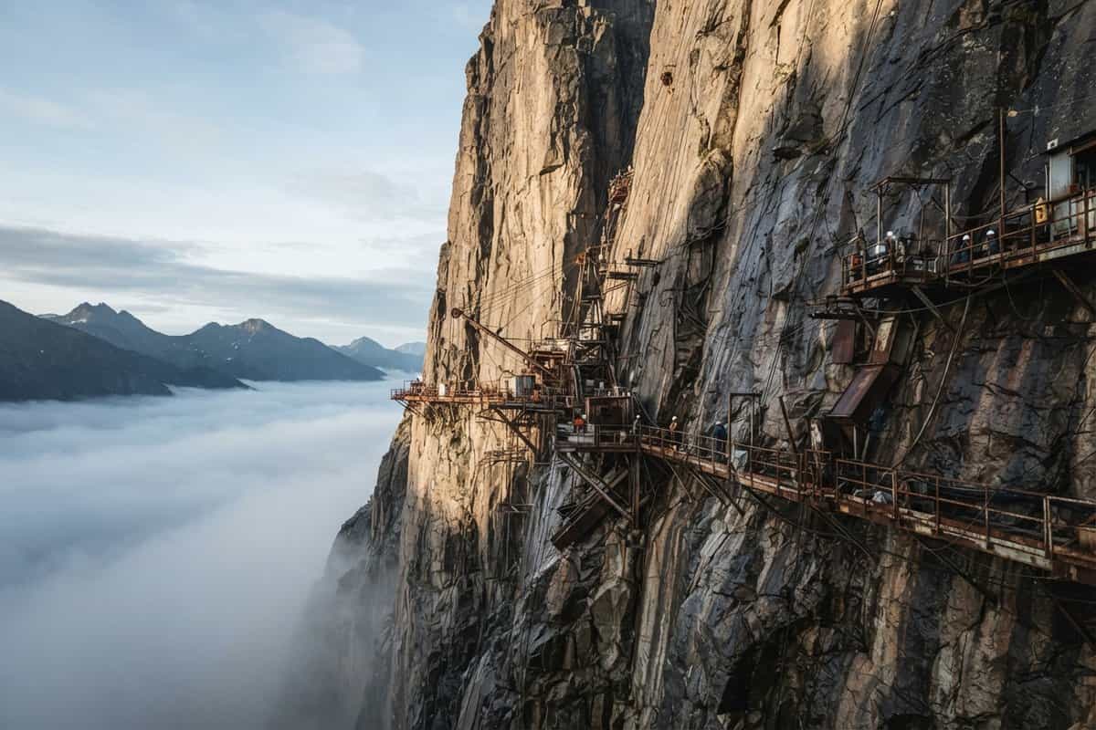 Falaise vertigineuse émergeant des nuages, plateformes et treuils miniers accrochés à la paroi
