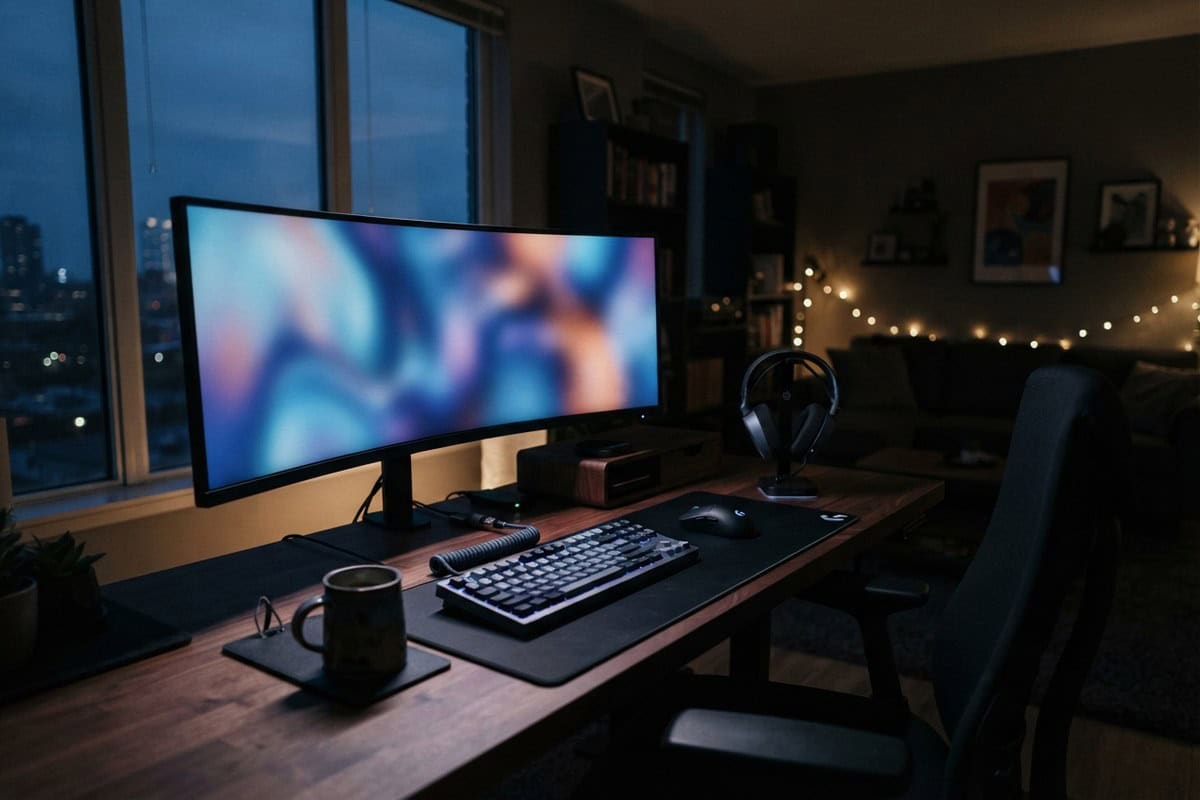 Bureau de jeu la nuit avec un écran incurvé allumé, clavier mécanique, souris et casque