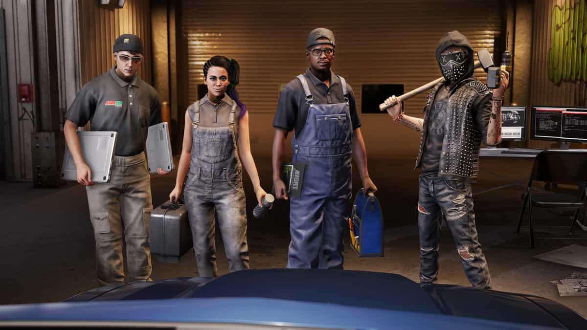 Quatre personnages du collectif DedSec dans un garage, dont un masqué portant une masse, dans Watch_Dogs 2