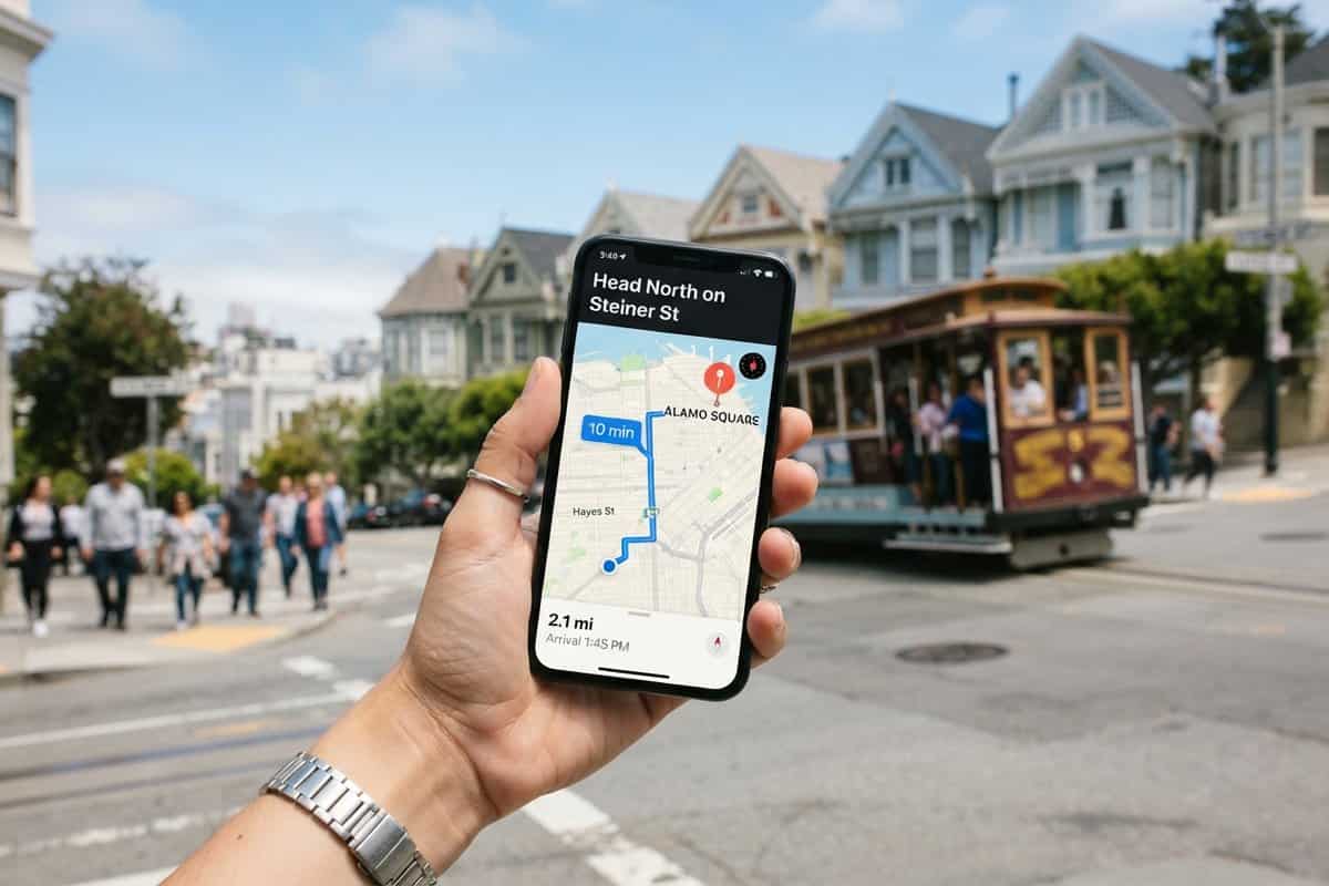 Main tenant un smartphone affichant une application de navigation, devant des maisons victoriennes de San Francisco