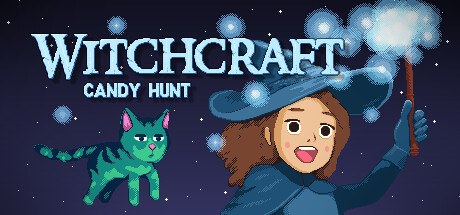 Jaquette de Witchcraft: Candy Hunt : une sorcière au chapeau bleu et un chat vert sous un ciel étoilé
