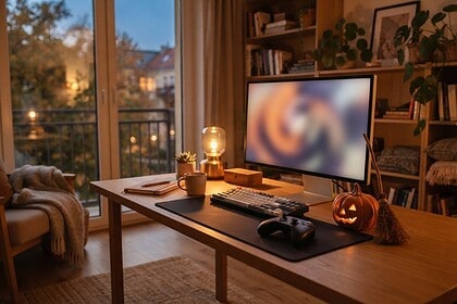 Bureau en bois avec écran allumé, clavier, manette, citrouille sculptée et balai en paille, au crépuscule