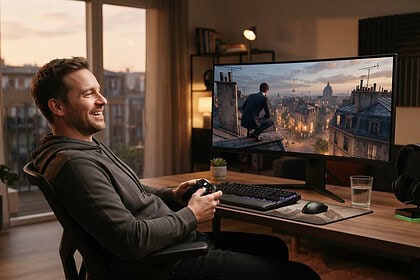 Un joueur souriant, manette en main, devant un écran où un agent en costume sombre domine les toits de Paris
