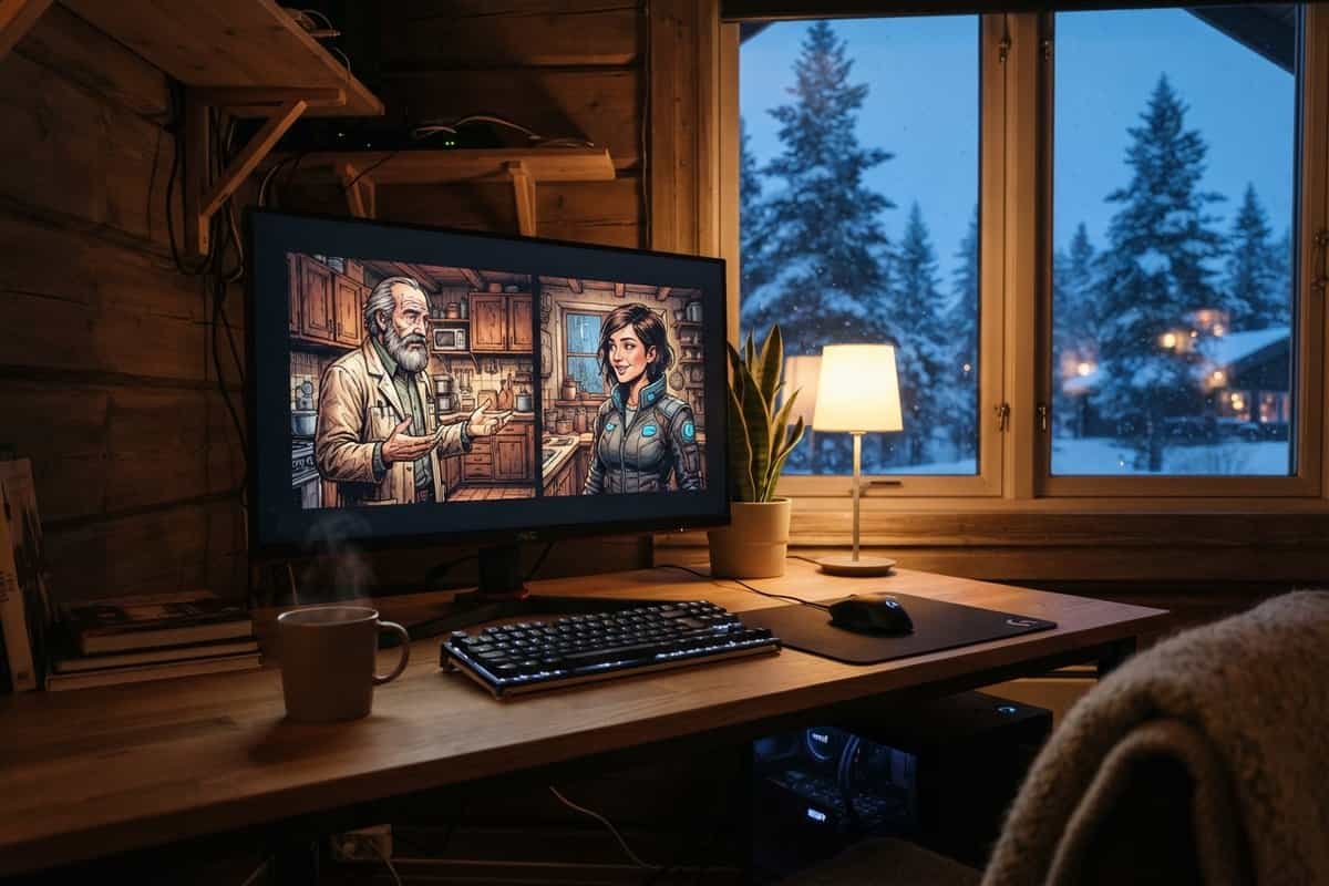 Bureau en bois face à une forêt enneigée, écran affichant un vieil homme barbu et une jeune femme dessinés en bande dessinée