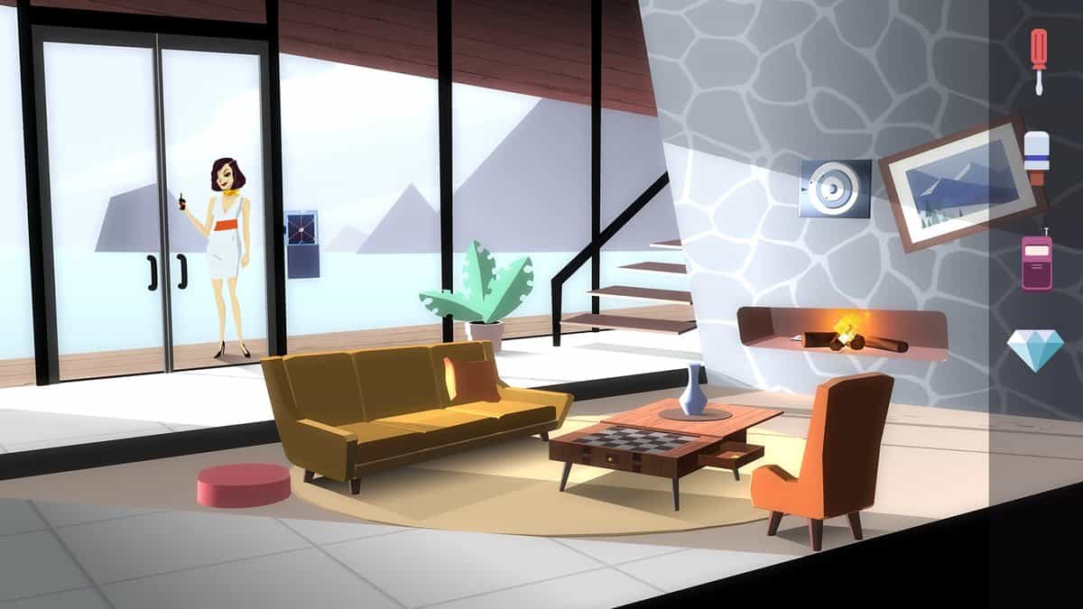 Salon moderniste avec canapé orangé, cheminée et une espionne en robe blanche devant une baie vitrée