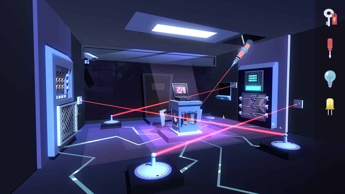 Salle sombre traversée de faisceaux laser rouges autour d'un pupitre, avec un inventaire d'objets sur la droite