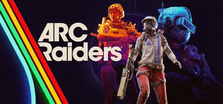 Visuel officiel d'ARC Raiders : trois Raiders en tenue d'expédition armés, à côté du logo du jeu sur fond violet