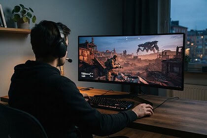 Joueur casqué vu de dos devant un écran PC affichant un jeu de tir futuriste, une machine géante au-dessus de ruines