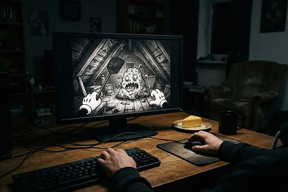 Écran montrant un jeu en noir et blanc où des mains gantées affrontent un monstre de dessin animé, près d'une part de fromage