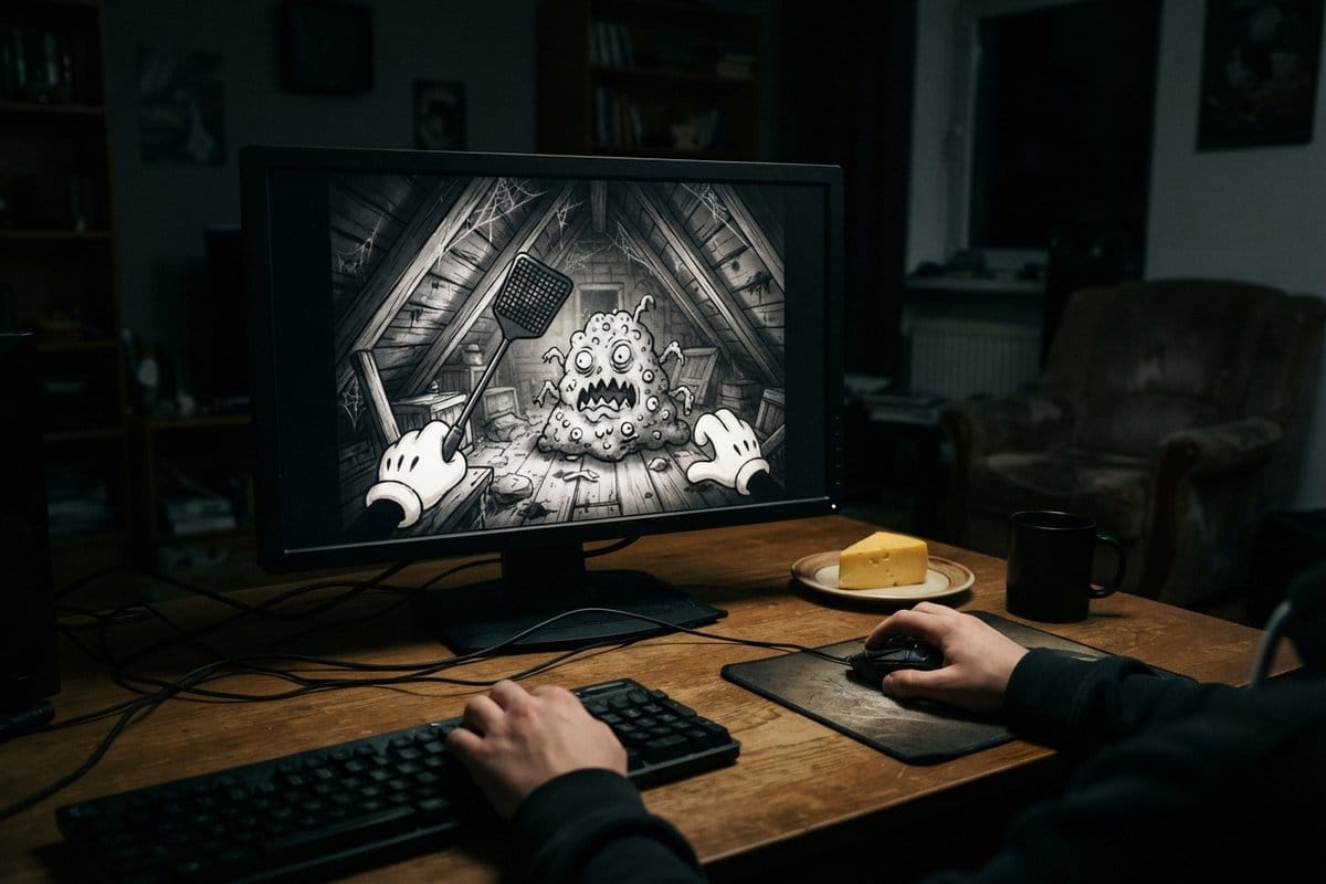 Écran montrant un jeu en noir et blanc où des mains gantées affrontent un monstre de dessin animé, près d'une part de fromage