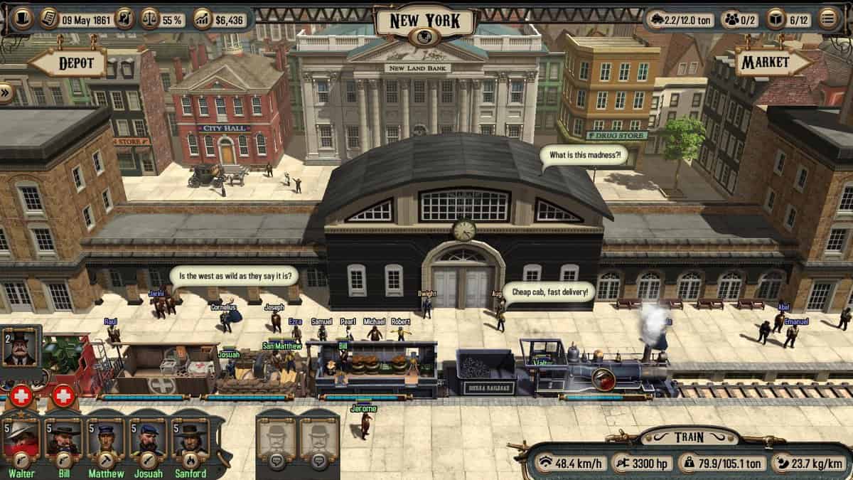 Train à quai devant la gare de New York, avec passagers, équipage et compteurs de vitesse et de puissance