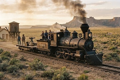Locomotive à vapeur blindée tirant un wagon armé d'une mitrailleuse à travers une plaine de l'Ouest américain
