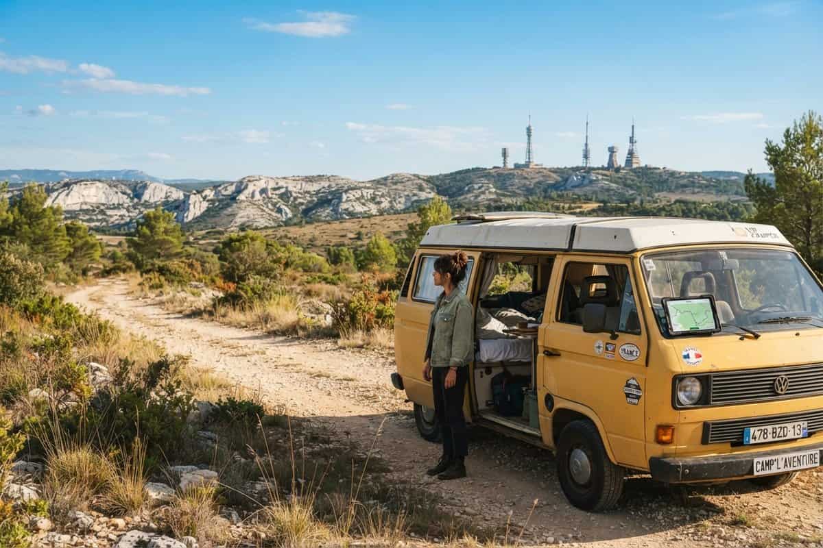 Une femme debout près d'un van jaune ouvert sur une piste caillouteuse, collines calcaires et antennes au loin