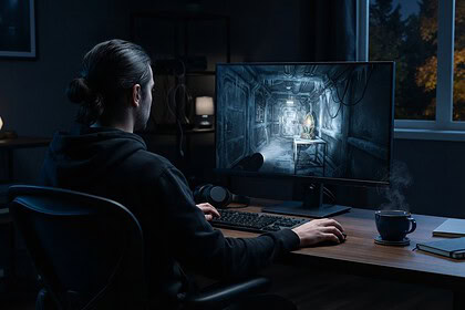 Joueur de dos devant un écran montrant le couloir givré d'une station de recherche et un étrange artefact lumineux
