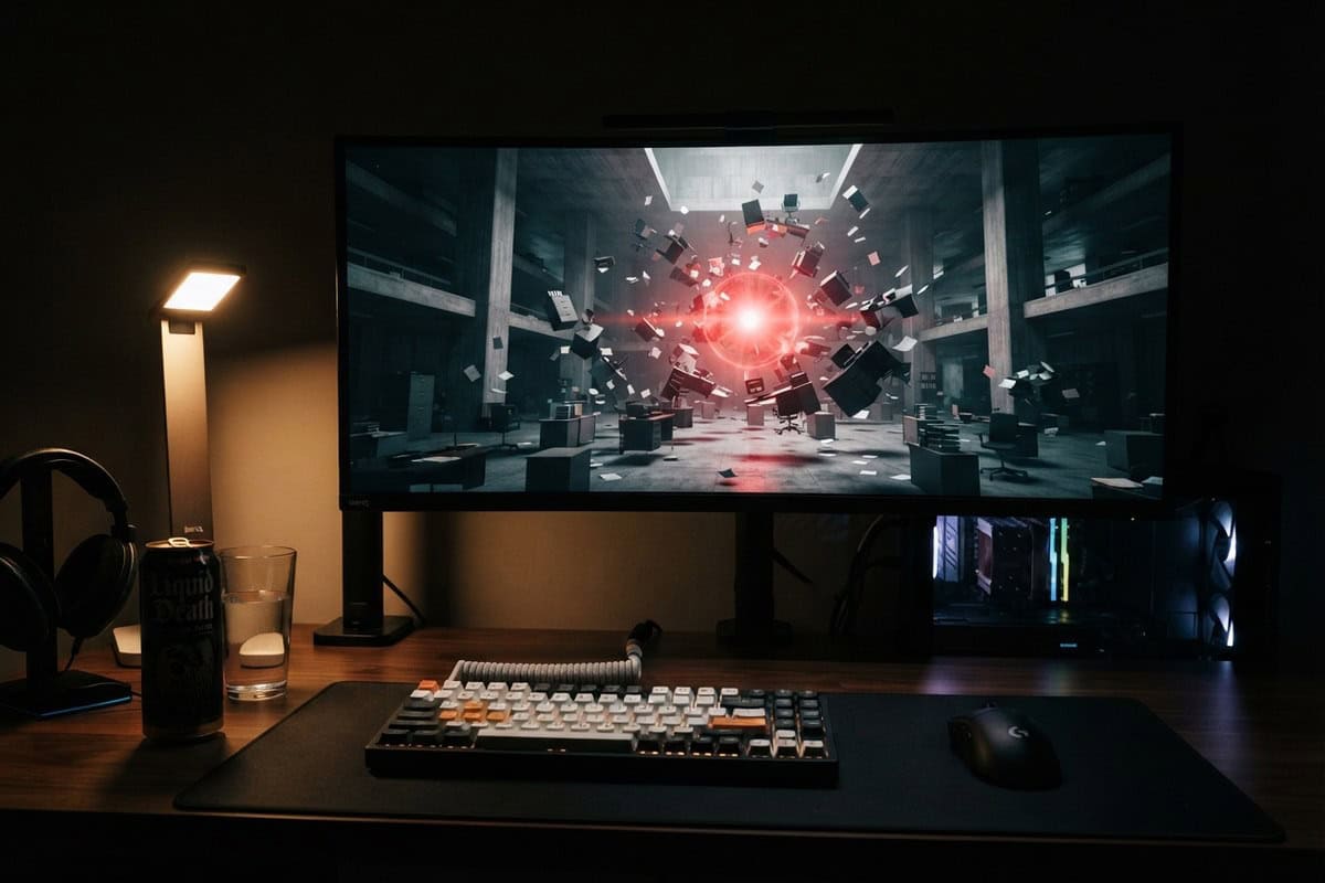 Bureau gaming dans la pénombre, écran incurvé montrant un hall de béton où mobilier et papiers flottent autour d'une lueur rouge