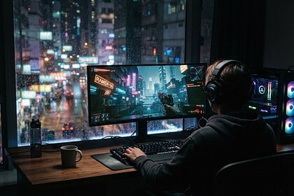 Joueur casqué de dos devant un écran montrant une rue futuriste aux néons sous la pluie, ville nocturne en fenêtre