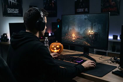 Un joueur casqué devant un écran montrant un feu de camp et un générateur en forêt, une citrouille d'Halloween sur le bureau