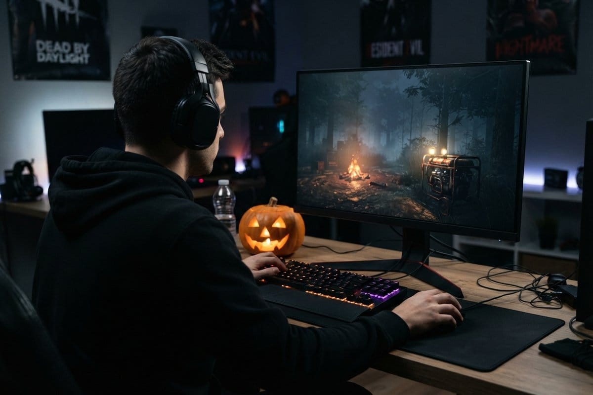 Un joueur casqué devant un écran montrant un feu de camp et un générateur en forêt, une citrouille d'Halloween sur le bureau