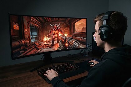 Joueur de dos avec casque face à un écran PC affichant un démon cornu dans un couloir en flammes