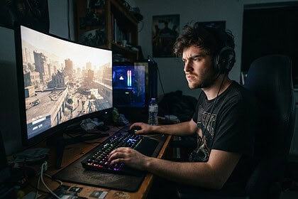 Joueur casqué face à un écran incurvé montrant une ville en ruine et des infectés, clavier rétroéclairé dans une chambre sombre