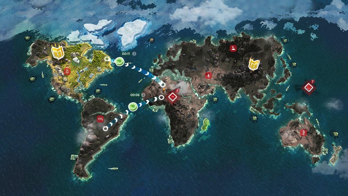 Carte du monde du jeu : continents assombris par la pollution, marqueurs rouges et routes en pointillés entre les régions
