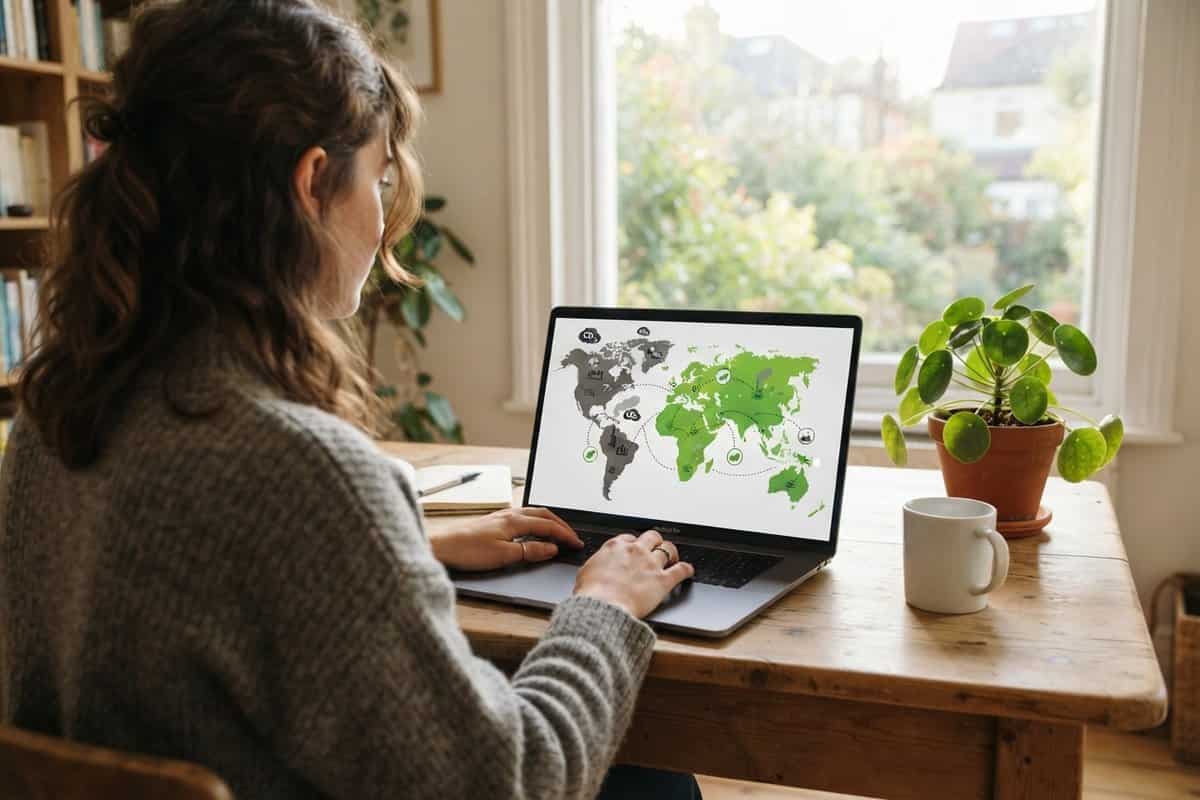 Femme en pull gris devant un ordinateur portable affichant une carte du monde, verte d'un côté et grise de l'autre