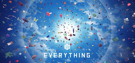 Visuel officiel d'Everything : le logo du jeu au centre d'un ciel bleu traversé d'objets et d'animaux en apesanteur