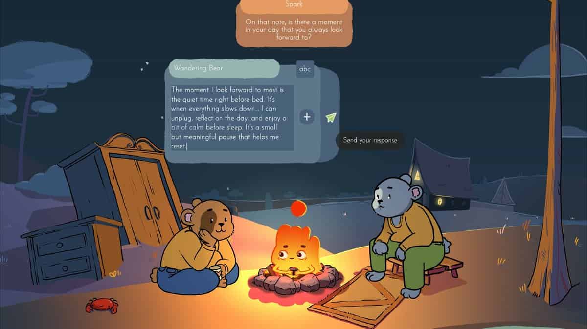 Deux ours dessinés assis près d'un feu de camp la nuit, une zone de texte ouverte pour écrire une réponse