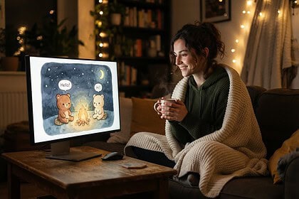 Jeune femme sous un plaid, une tasse à la main, devant un écran montrant deux oursons autour d'un feu de camp