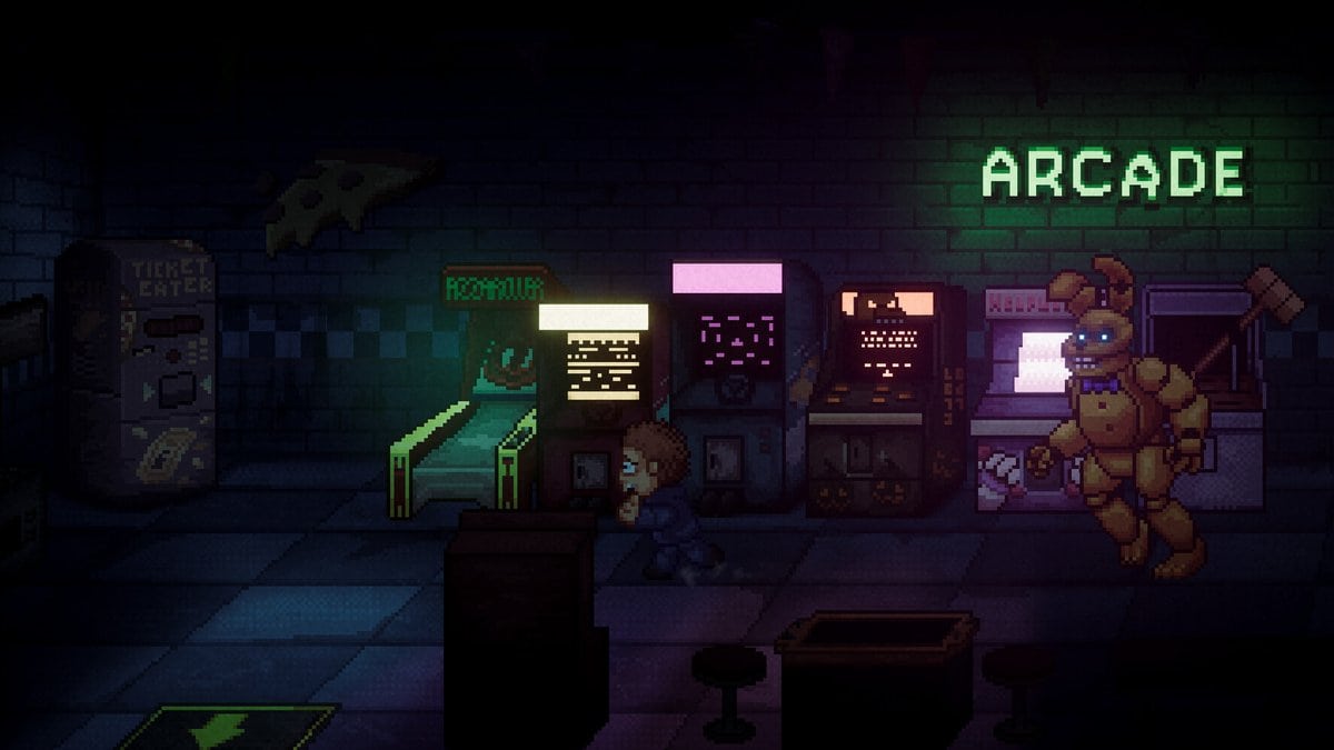 En pixel art, un garçon se cache derrière une borne d'arcade tandis qu'un lapin animatronique jaune approche